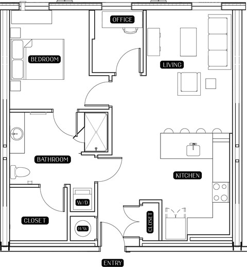 Floor plan for 1 bed, 1 bath, 878 sqft